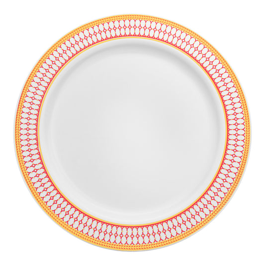White with Red and Gold Chord Rim Plastic Dinner Plates (10.25") | The Kaya Collection