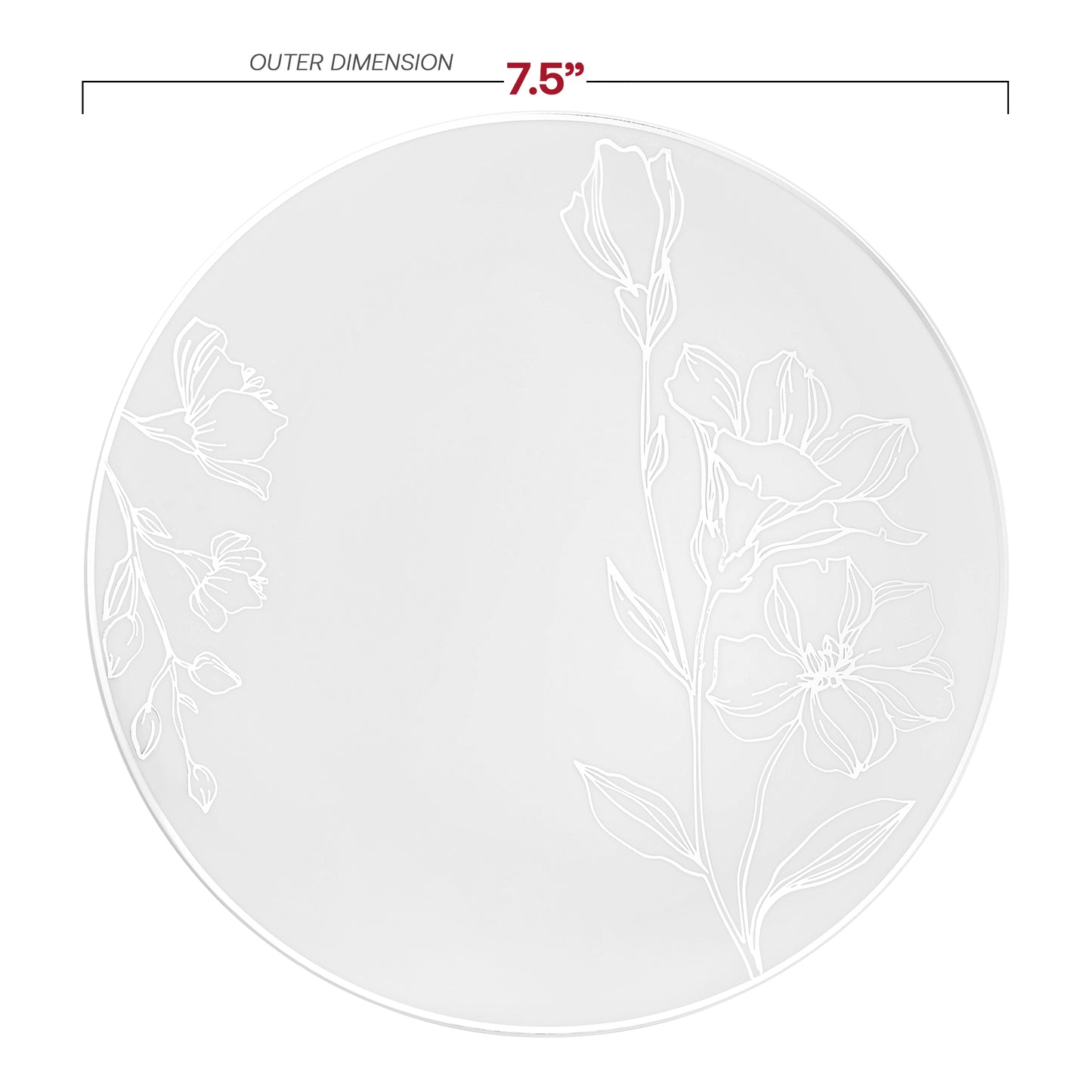 White with Silver Antique Floral Round Disposable Plastic Appetizer/Salad Plates (7.5") Dimension | The Kaya Collection