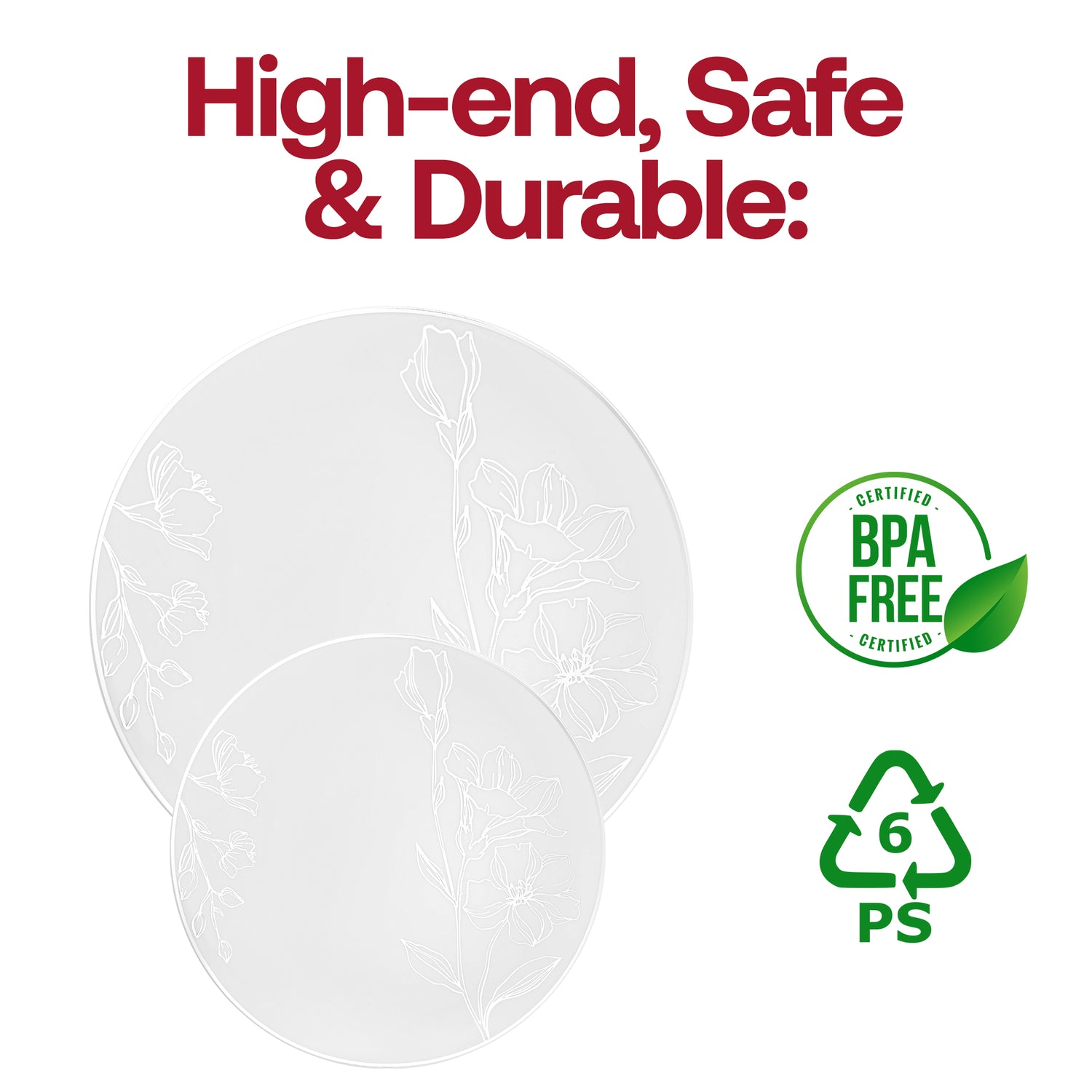 White with Silver Antique Floral Round Disposable Plastic Dinner Plates (10.25") BPA | The Kaya Collection