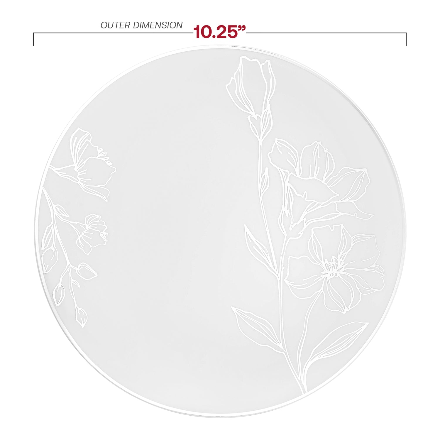 White with Silver Antique Floral Round Disposable Plastic Dinner Plates (10.25") Dimension | The Kaya Collection