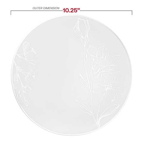 White with Silver Antique Floral Round Disposable Plastic Dinner Plates (10.25
