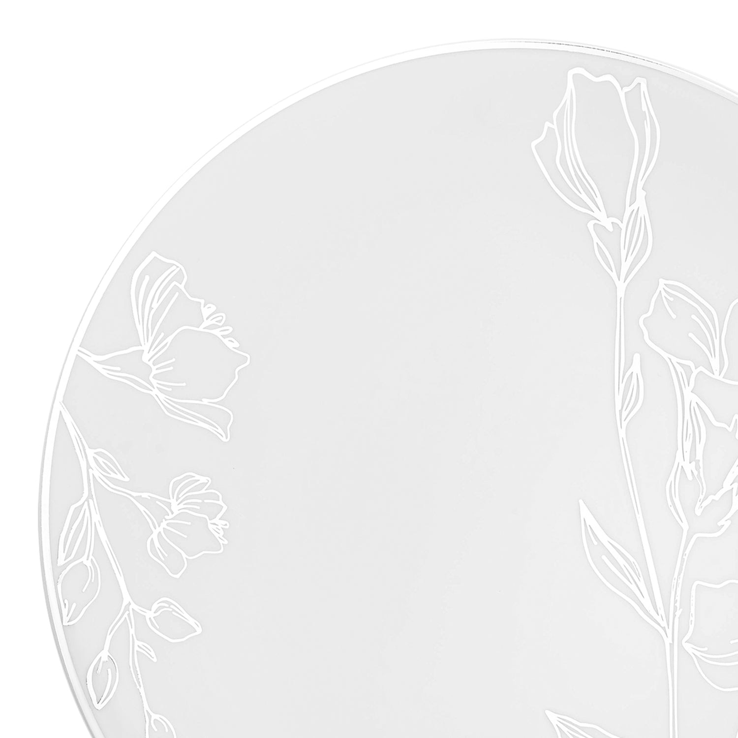 White with Silver Antique Floral Round Disposable Plastic Dinner Plates (10.25") | The Kaya Collection