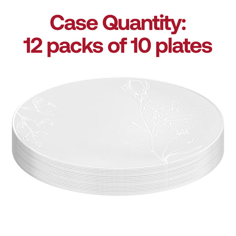 White with Silver Antique Floral Round Disposable Plastic Dinner Plates (10.25
