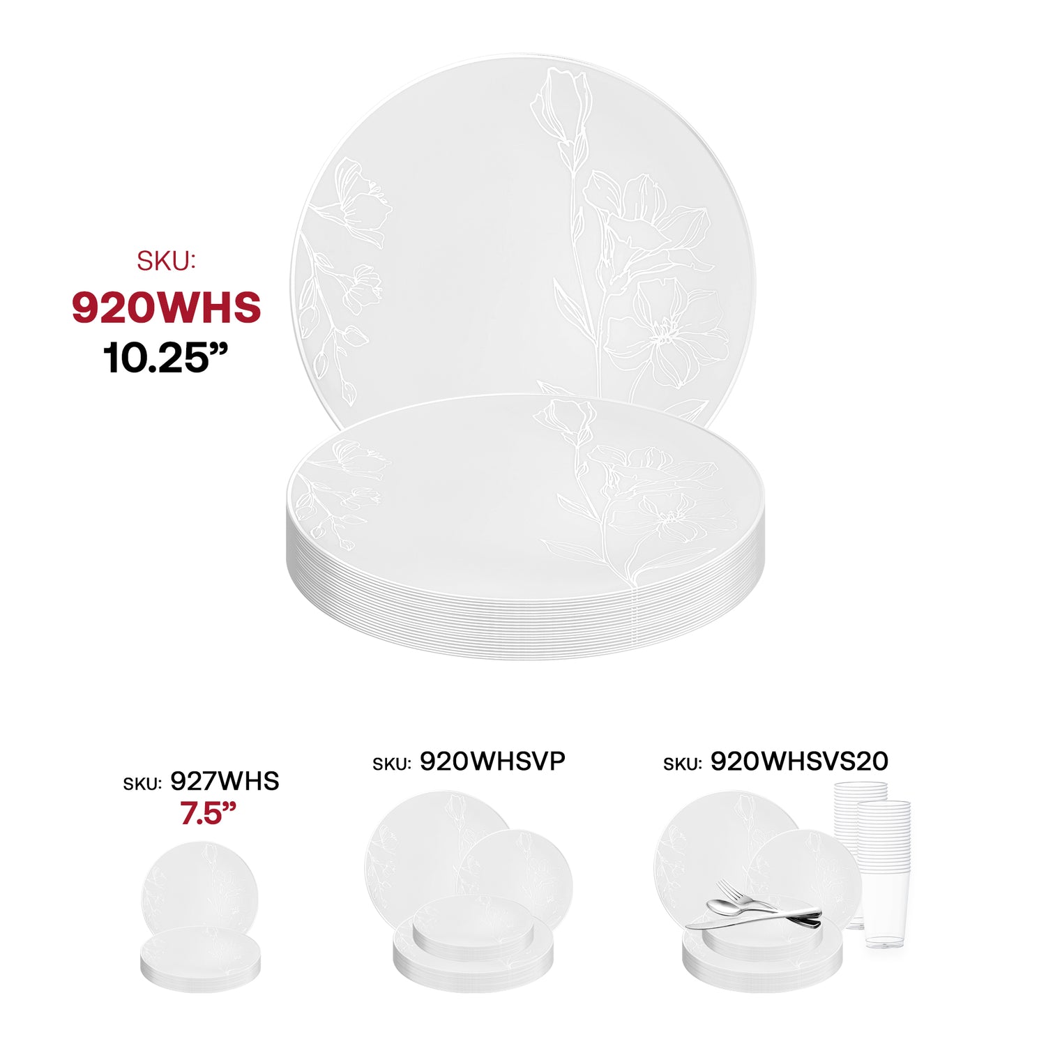 White with Silver Antique Floral Round Disposable Plastic Dinner Plates (10.25") SKU | The Kaya Collection