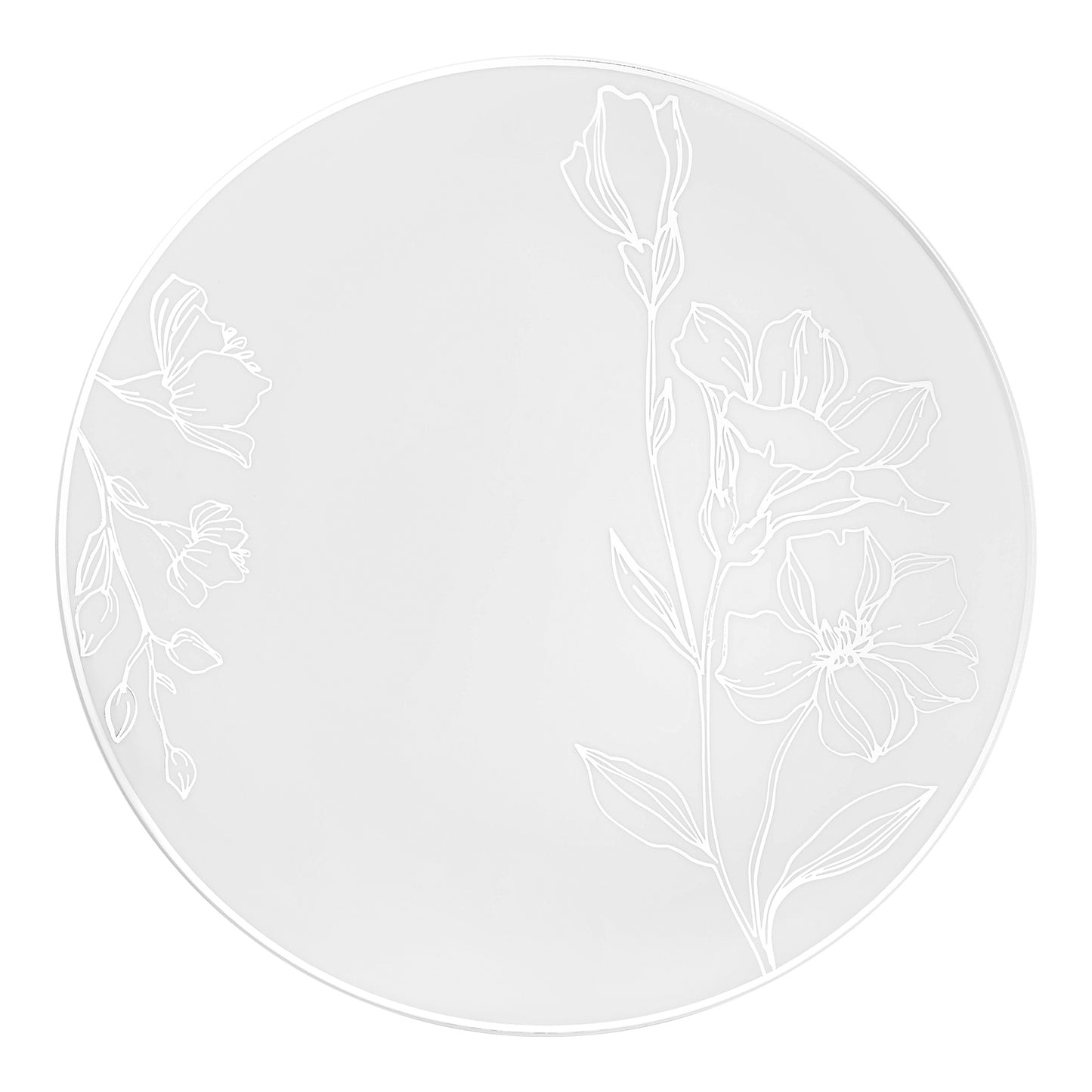 White with Silver Antique Floral Round Disposable Plastic Dinner Plates (10.25") | The Kaya Collection