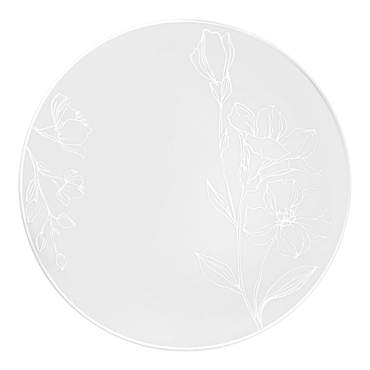White with Silver Antique Floral Round Disposable Plastic Appetizer/Salad Plates (7.5") | The Kaya Collection