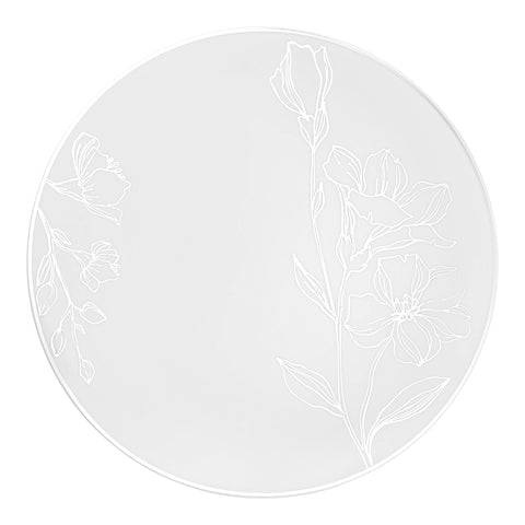White with Silver Antique Floral Round Disposable Plastic Dinner Plates (10.25