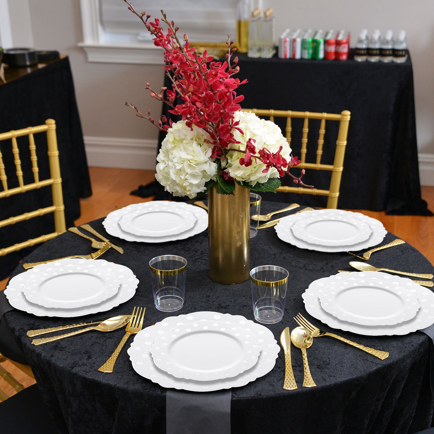 White with Silver Dots Round Blossom Plastic Disposable Salad Plates (7.5")