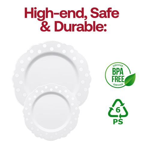 White with Silver Dots Round Blossom Disposable Plastic Dinner Plates | The Kaya Collection