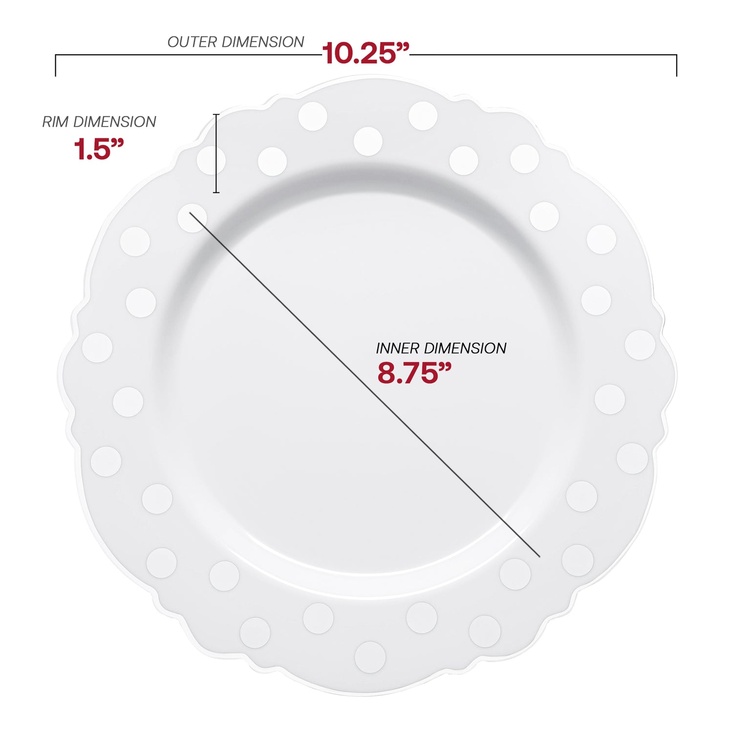 White with Silver Dots Round Blossom Disposable Plastic Dinner Plates | The Kaya Collection