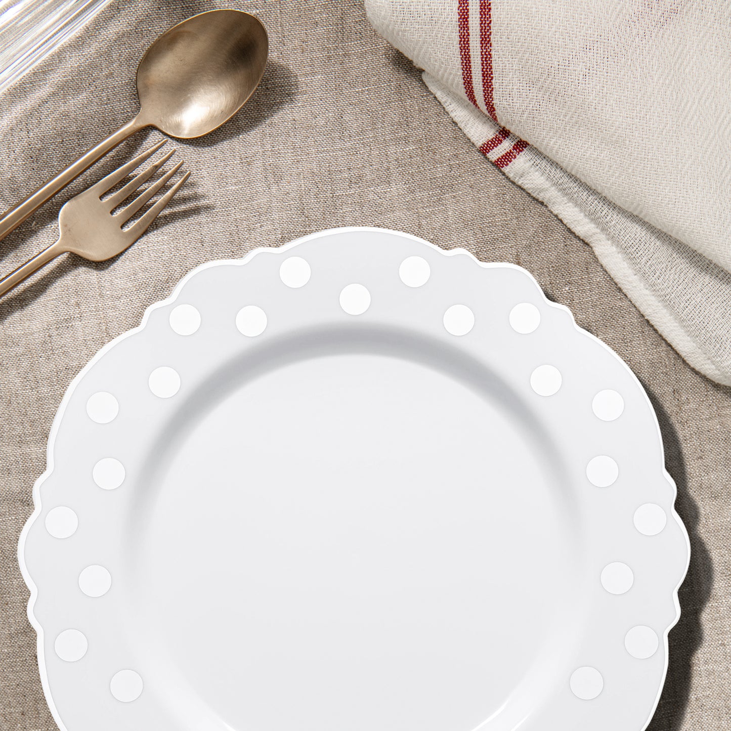 White with Silver Dots Round Blossom Plastic Disposable Dinner Plates (10.25")