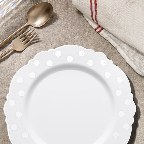 White with Silver Dots Round Blossom Plastic Disposable Dinner Plates (10.25
