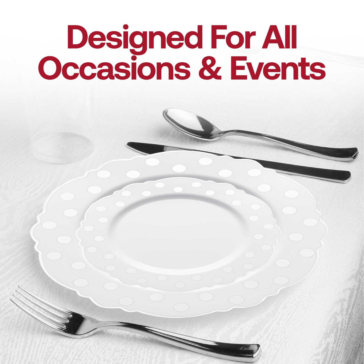 White with Silver Dots Round Blossom Disposable Plastic Dinner Plates | The Kaya Collection