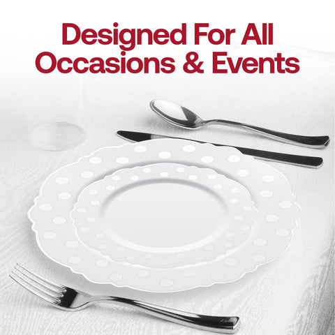 White with Silver Dots Round Blossom Disposable Plastic Dinner Plates | The Kaya Collection