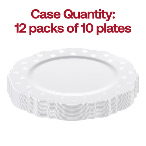 White with Silver Dots Round Blossom Disposable Plastic Dinner Plates | The Kaya Collection