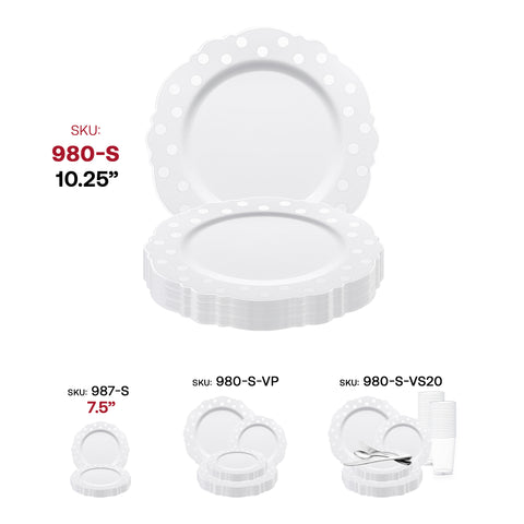 White with Silver Dots Round Blossom Disposable Plastic Dinner Plates | The Kaya Collection