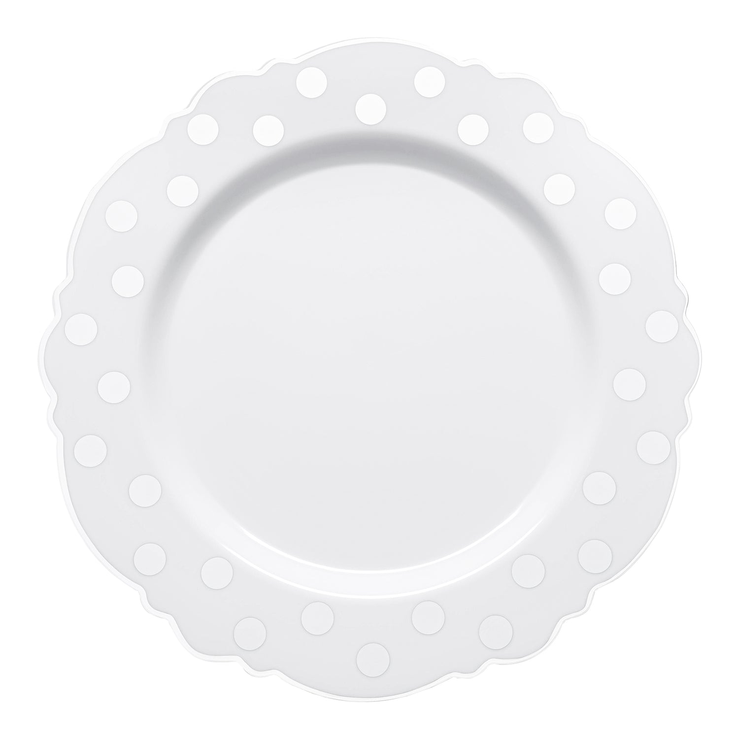 White with Silver Dots Round Blossom Disposable Plastic Dinner Plates | The Kaya Collection