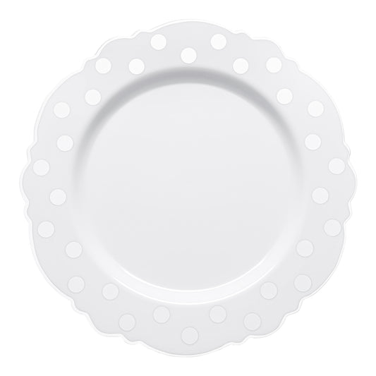 White with Silver Dots Round Blossom Disposable Plastic Dinner Plates (10.25") | The Kaya Collection
