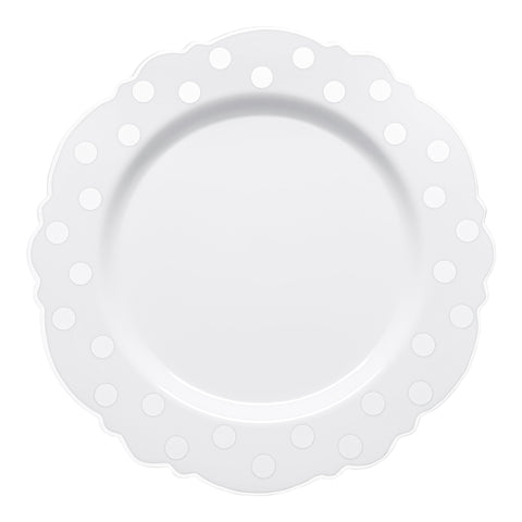 White with Silver Dots Round Blossom Disposable Plastic Dinner Plates | The Kaya Collection