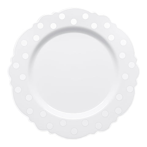 White with Silver Dots Round Blossom Disposable Plastic Dinner Plates | The Kaya Collection