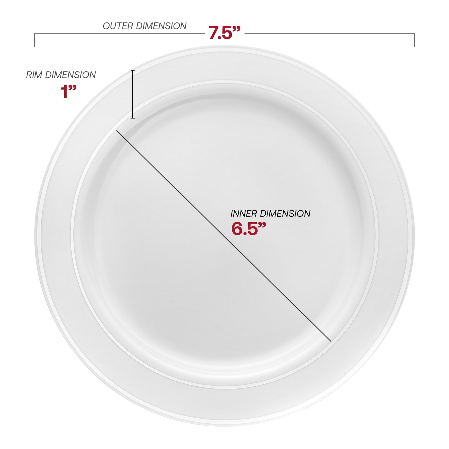 White with Silver Edge Rim Plastic Appetizer/Salad Plates (7.5") Dimension | The Kaya Collection