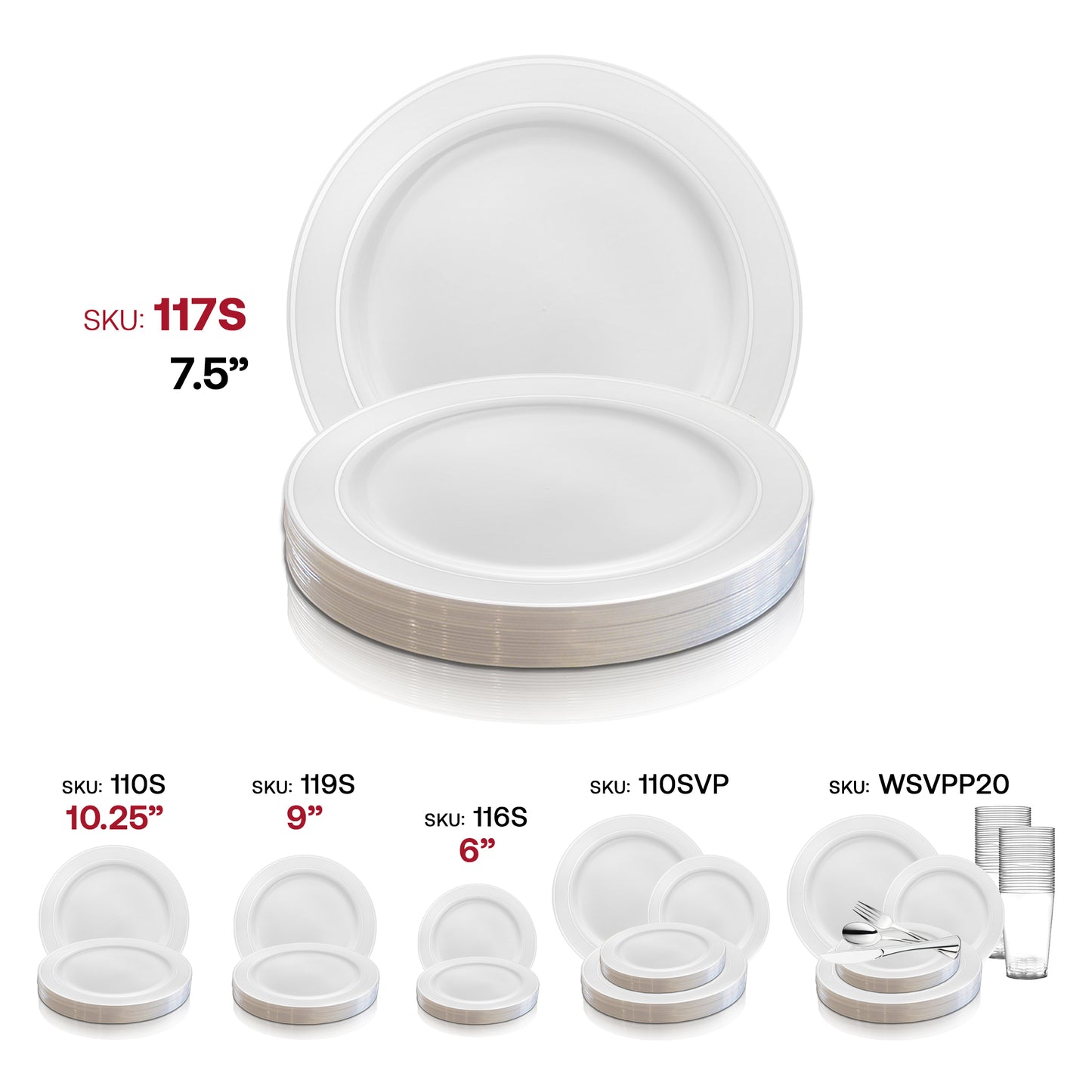 White with Silver Edge Rim Plastic Appetizer/Salad Plates (7.5") SKU | The Kaya Collection