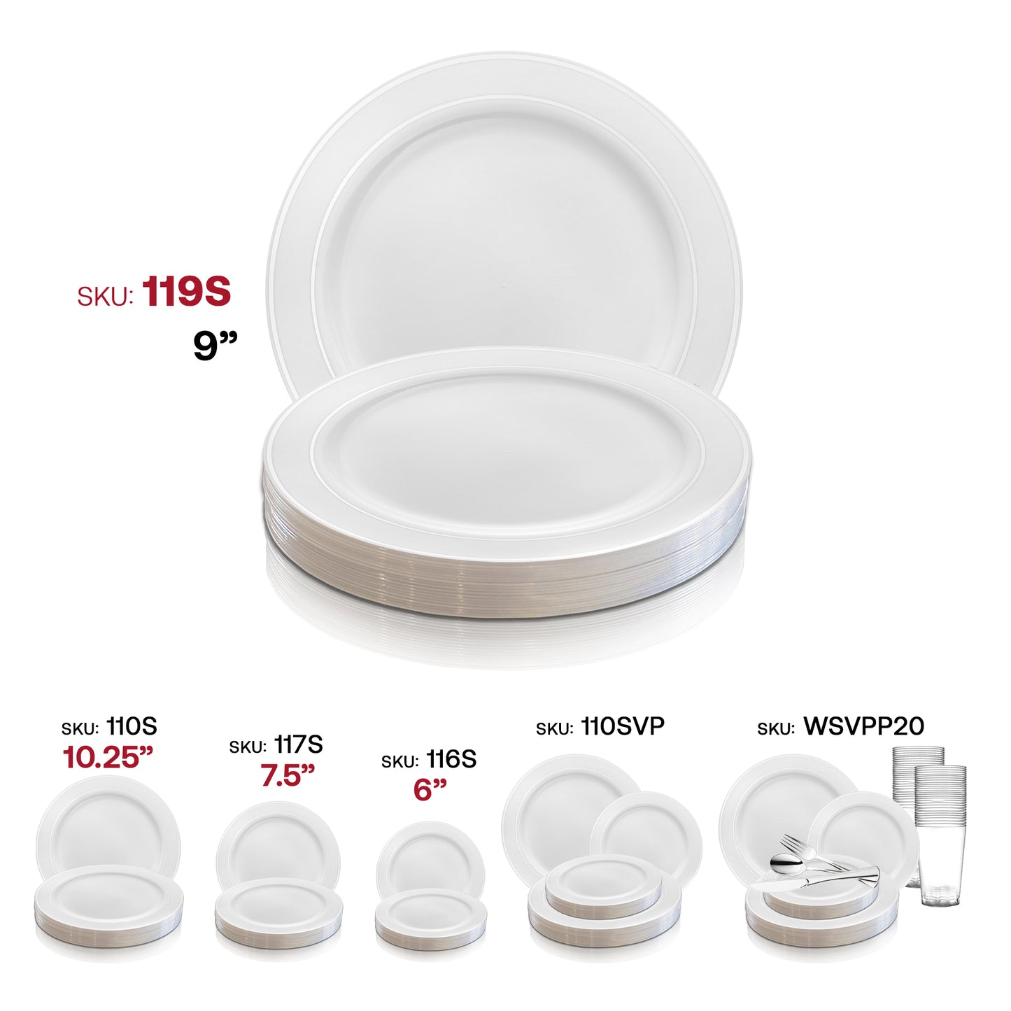 White with Silver Edge Rim Plastic Buffet Plates (9") SKU | The Kaya Collection