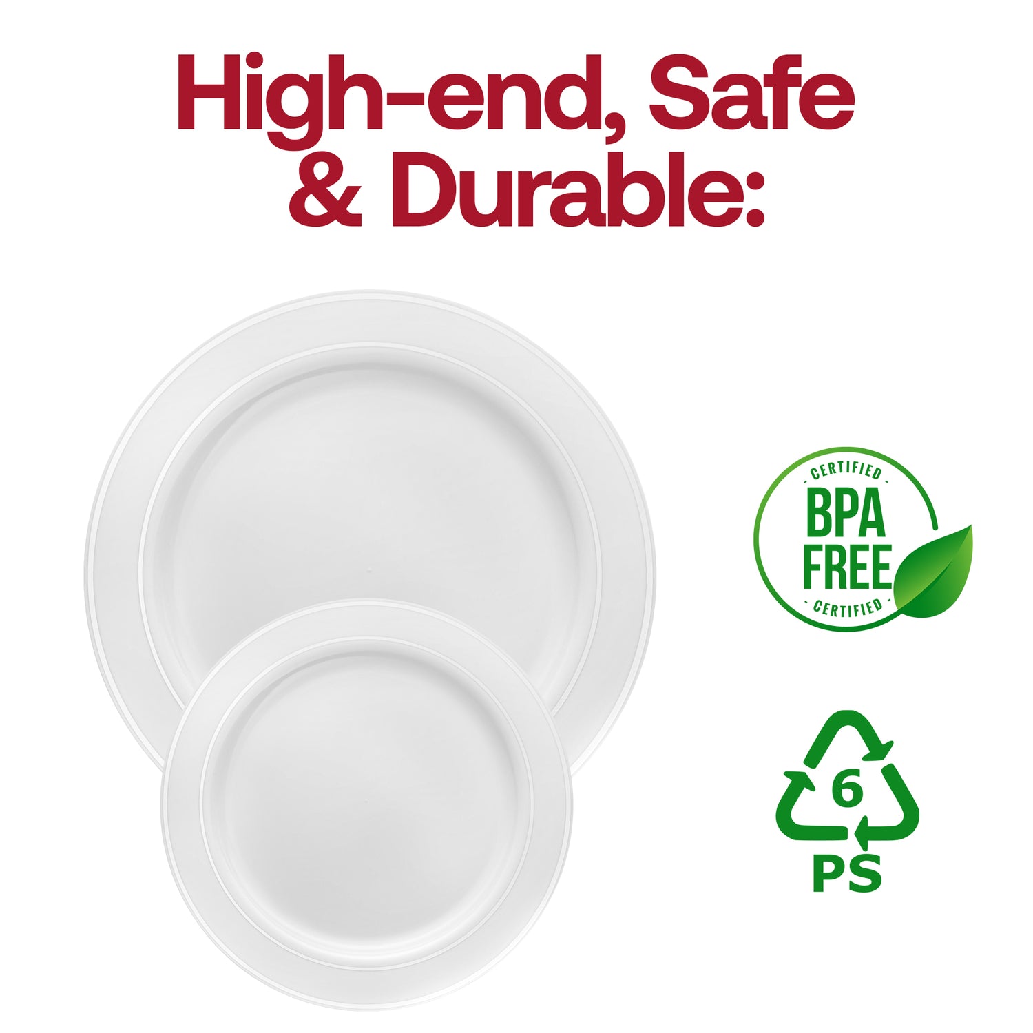 White with Silver Edge Rim Plastic Dinner Plates (10.25") BPA | The Kaya Collection