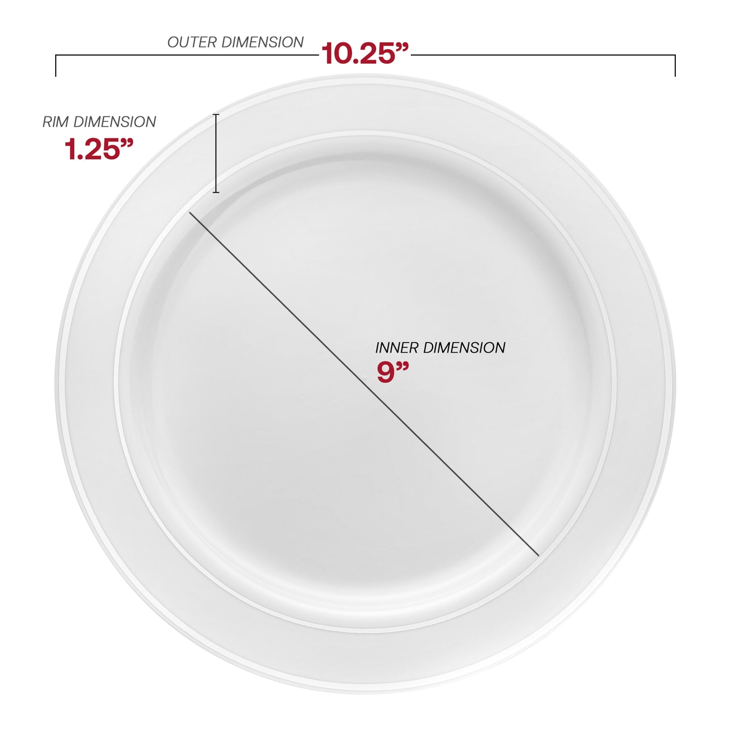 White with Silver Edge Rim Plastic Dinner Plates (10.25") Dimension | The Kaya Collection