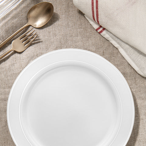 White with Silver Edge Rim Disposable Plastic Dinner Plates (10.25