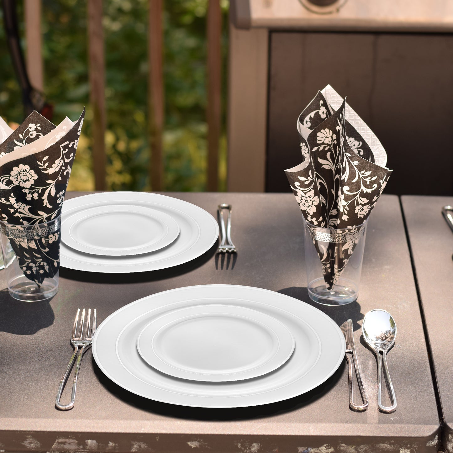 White with Silver Edge Rim Disposable Plastic Dinner Plates (10.25")