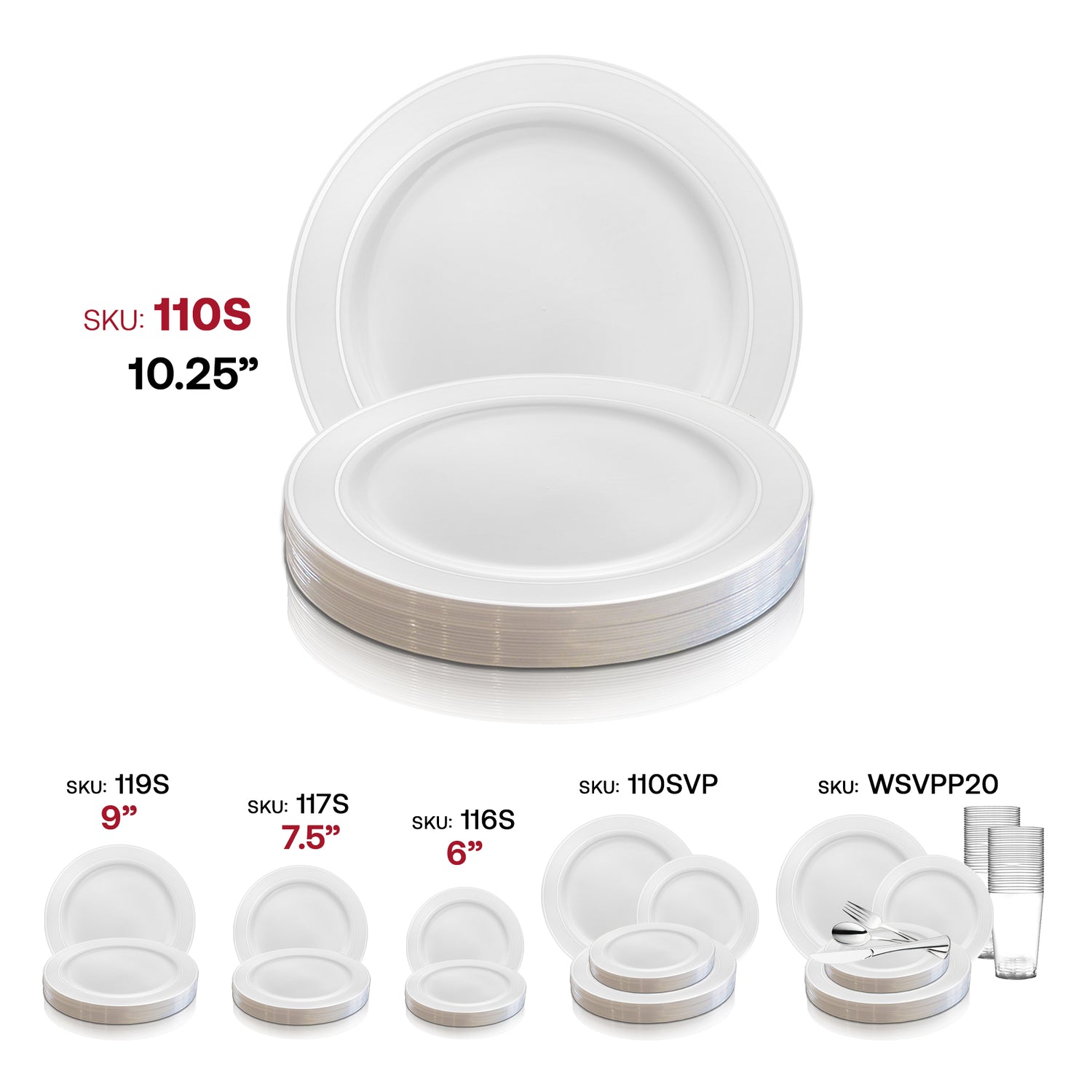 White with Silver Edge Rim Plastic Dinner Plates (10.25") SKU | The Kaya Collection