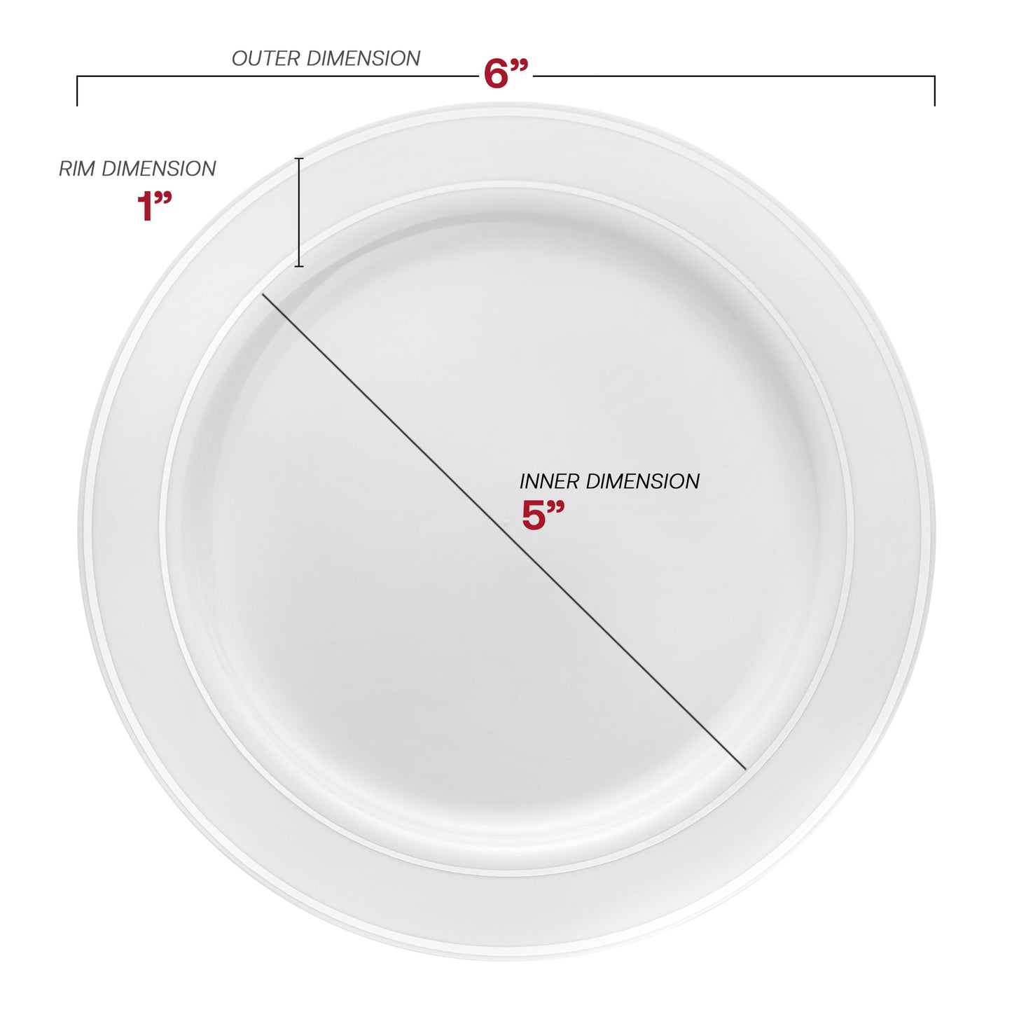 White with Silver Edge Rim Plastic Pastry Plates (6") Dimension | The Kaya Collection