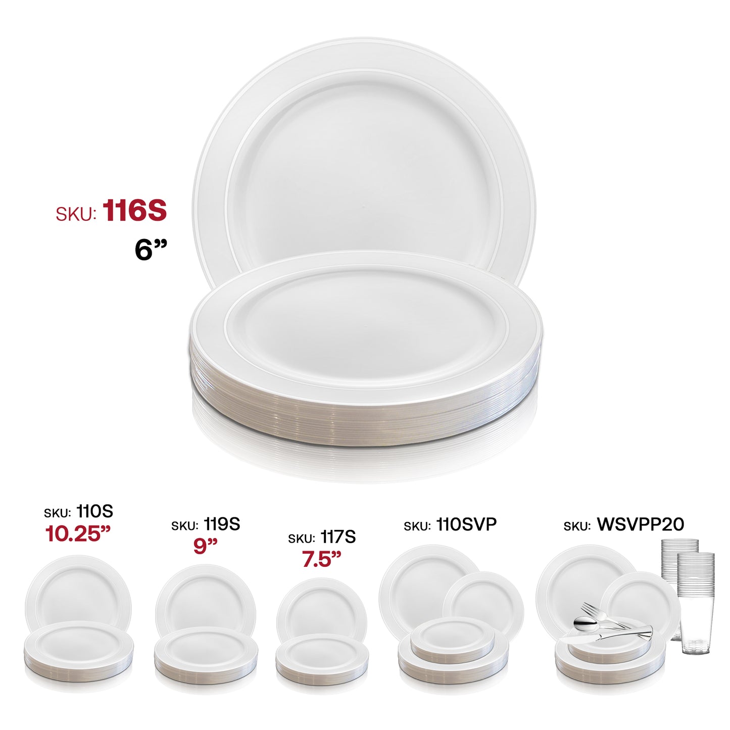 White with Silver Edge Rim Plastic Pastry Plates (6") SKU | The Kaya Collection