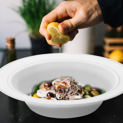 White with Silver Edge Rim Disposable Plastic Soup Bowls (12 oz.)