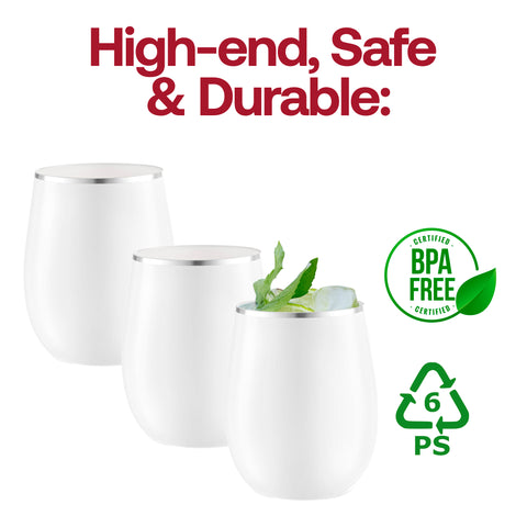 12 oz. White with Silver Elegant Stemless Disposable Plastic Wine Glasses BPA | The Kaya Collection