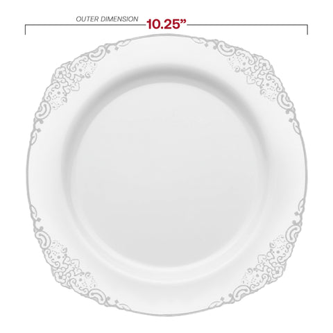 White with Silver Fancy Round Plastic Dinner Plates (10.25”)