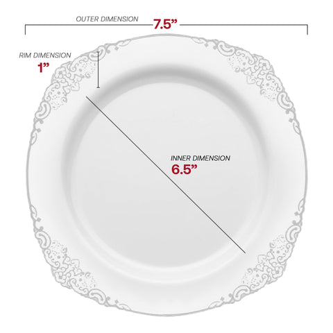 White with Silver Fancy Round Plastic Salad Plates (7.5”)