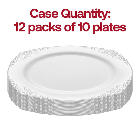 White with Silver Fancy Round Plastic Salad Plates (7.5”)