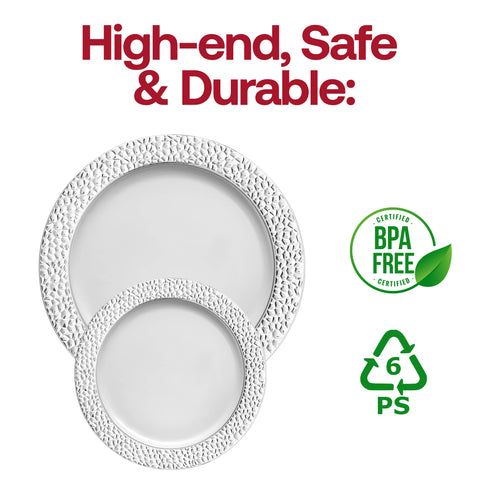 White with Silver Hammered Rim Round Plastic Appetizer/Salad Plates (7.5