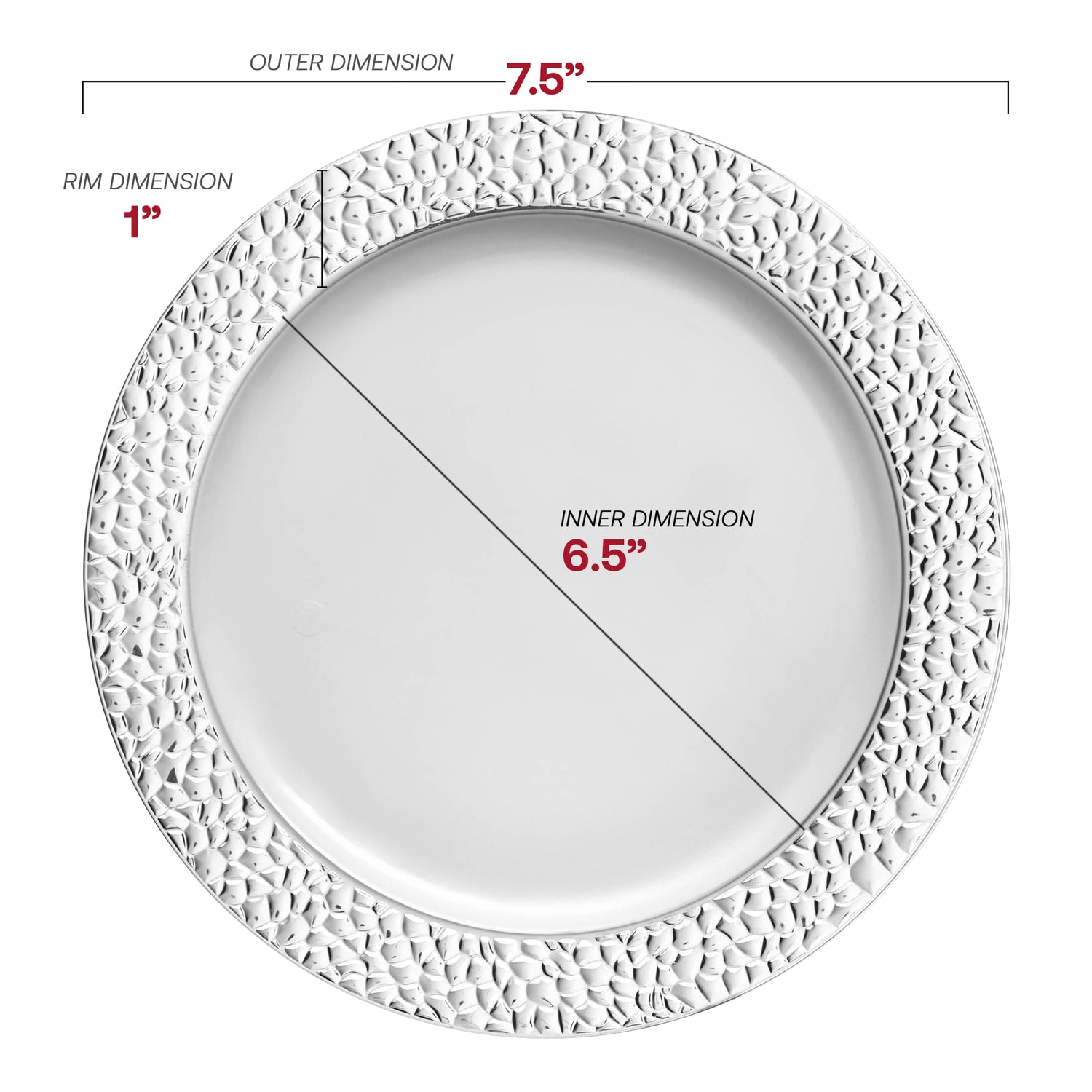 White with Silver Hammered Rim Round Plastic Appetizer/Salad Plates (7.5") Dimension | The Kaya Collection