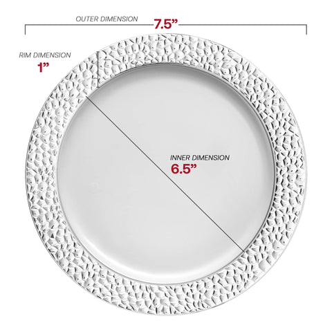 White with Silver Hammered Rim Round Plastic Appetizer/Salad Plates (7.5