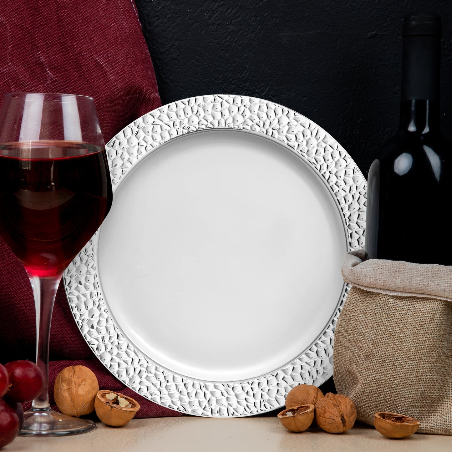 White with Silver Hammered Rim Round Plastic Salad Plates (7.5")