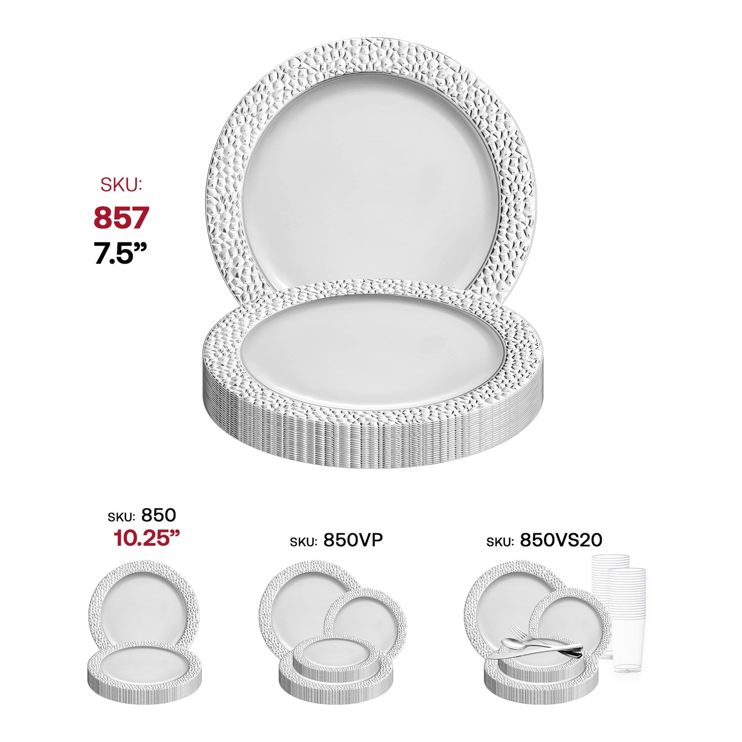 White with Silver Hammered Rim Round Plastic Appetizer/Salad Plates (7.5") SKU | The Kaya Collection