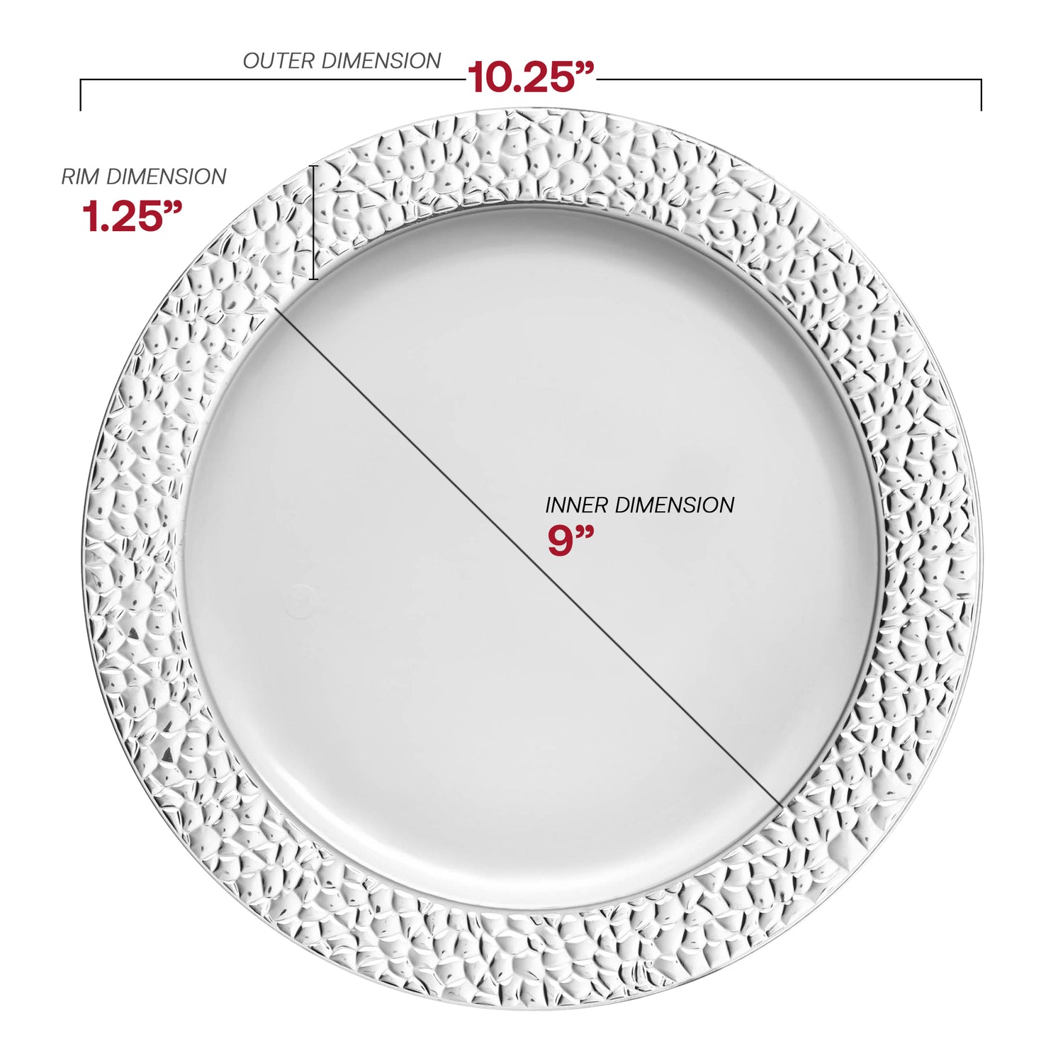 White with Silver Hammered Rim Round Disposable Plastic Dinner Plates (10.25") Dimension | The Kaya Collection