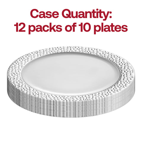 White with Silver Hammered Rim Round Disposable Plastic Dinner Plates (10.25
