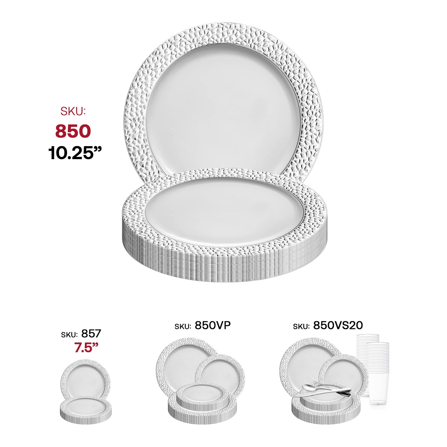 White with Silver Hammered Rim Round Disposable Plastic Dinner Plates (10.25") SKU | The Kaya Collection