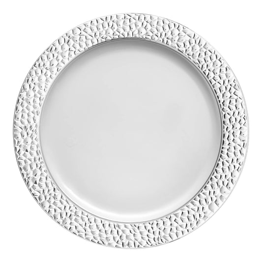 White with Silver Hammered Rim Round Disposable Plastic Dinner Plates (10.25") | The Kaya Collection