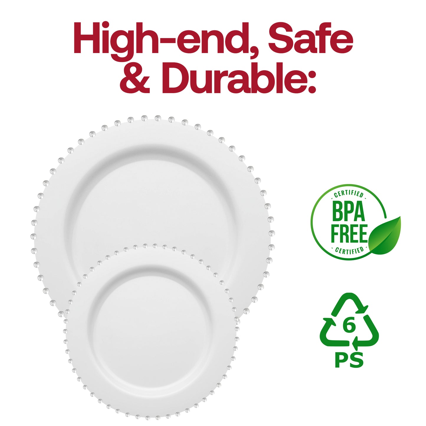 White with Silver Pearl String Round Plastic Salad Plates (7”)