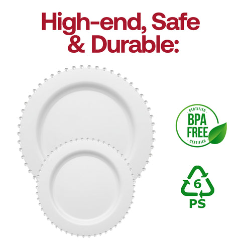 White with Silver Pearl String Round Plastic Salad Plates (7”)